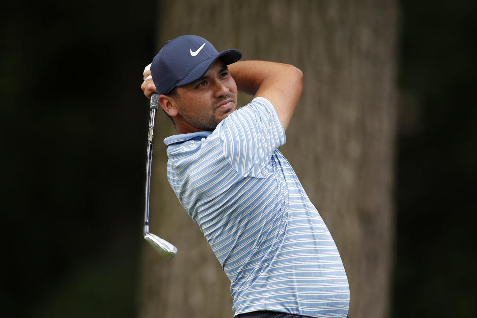 Jason Day drives during a nine-hole exhibition ahead of the Rocket Mortgage Classic golf tournament, Wednesday, July 1, 2020, at the Detroit Golf Club in Detroit. (AP Photo/Carlos Osorio)
