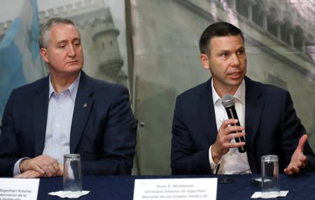 Acting U.S. Department of Homeland Security Secretary Kevin McAleenan and Guatemalan Interior Minister Enrique Degenhart attend a news conference in Guatemala City