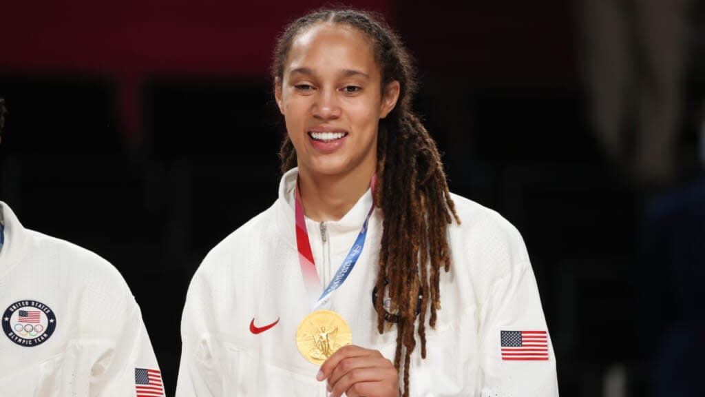 Brittney Griner #15 of Team United States poses for photographs with her gold medal during the Women’s Basketball medal ceremony on day 16 of the 2020 Tokyo Olympic games at Saitama Super Arena on Aug. 8, 2021, in Saitama, Japan. (Photo by Kevin C. Cox/Getty Images)