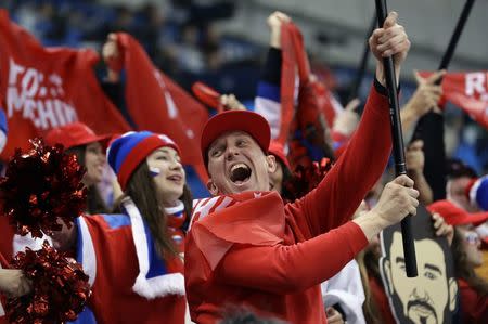 Ice Hockey - Pyeongchang 2018 Winter Olympics - Men Semifinal Match - Czech Republic v Olympic Athletes from Russia - Gangneung Hockey Centre, Gangneung, South Korea - February 23, 2018 - Fans of Olympic athletes from Russia react. REUTERS/David W Cerny