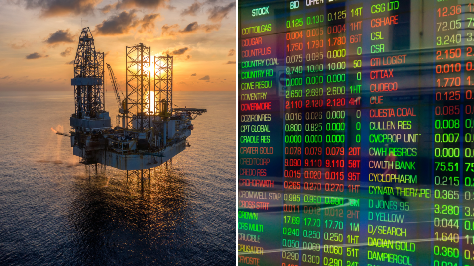 An oil rig in the ocean at sunset and the ASX board showing company price changes.