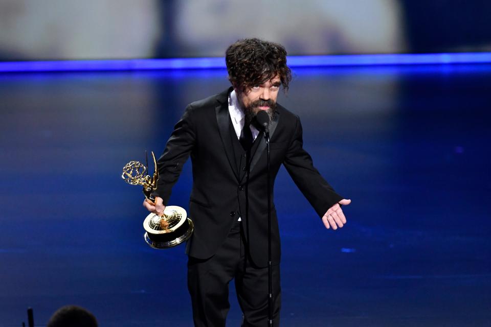 Peter Dinklage, seen here accepting his best supporting actor Emmy in 2019 (for "Game of Thrones"), has joined the cast of the fifth "Hunger Games" film.