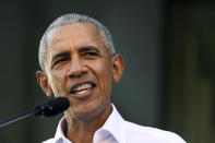 Former President Barack Obama speaks during a rally along with Democratic gubernatorial candidate, former Virginia Gov. Terry McAuliffe in Richmond, Va., Saturday, Oct. 23, 2021. McAuliffe will face Republican Glenn Youngkin in the November election. (AP Photo/Steve Helber)