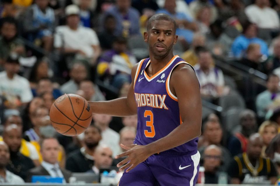 Phoenix Suns guard Chris Paul (3) plays against the Los Angeles Lakers during a preseason NBA basketball game Wednesday, Oct. 5, 2022, in Las Vegas.