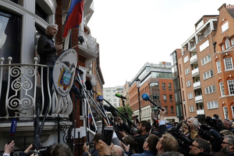 Wikileaks founder Julian Assange speaks on the balcony of the Embassy of Ecuador in London on May 19, 2017