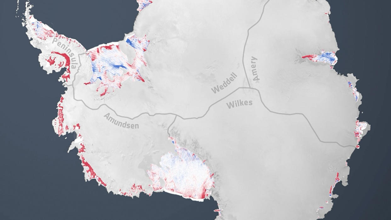  A white map of antarctica, with red and blue areas to hightlight topographical changes and ice loss. 