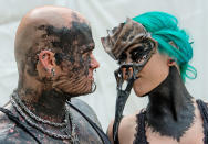 <p>Participants in fancy costumes perform during the Wave Gothic Festival (WGT) in Leipzig, Germany, Saturday, June 3, 2017. (AP Photo/Jens Meyer) </p>