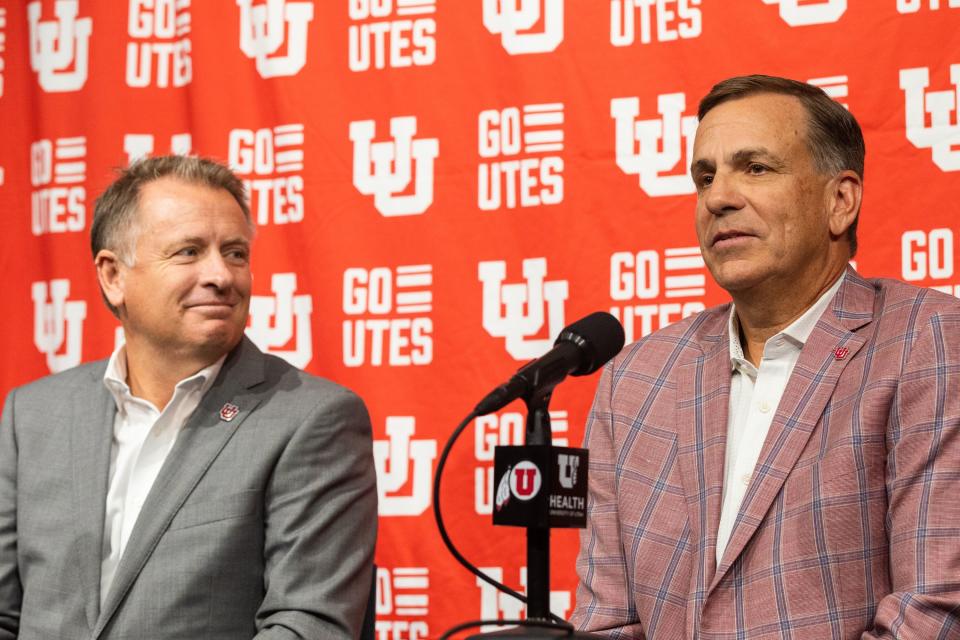 University of Utah President Taylor Randall, left, and athletic director Mark Harlan speak at a press conference regarding Utah’s move to the Big 12 Conference at Rice-Eccles Stadium in Salt Lake City on Monday, Aug. 7, 2023. | Megan Nielsen, Deseret News