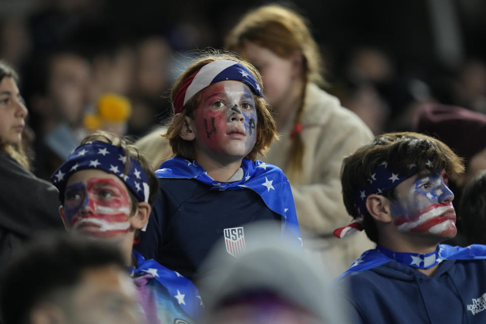 United States fans watch during the second half of an international friendly soccer match against Serbia in Los Angeles, Wednesday, Jan. 25, 2023. (AP Photo/Ashley Landis)