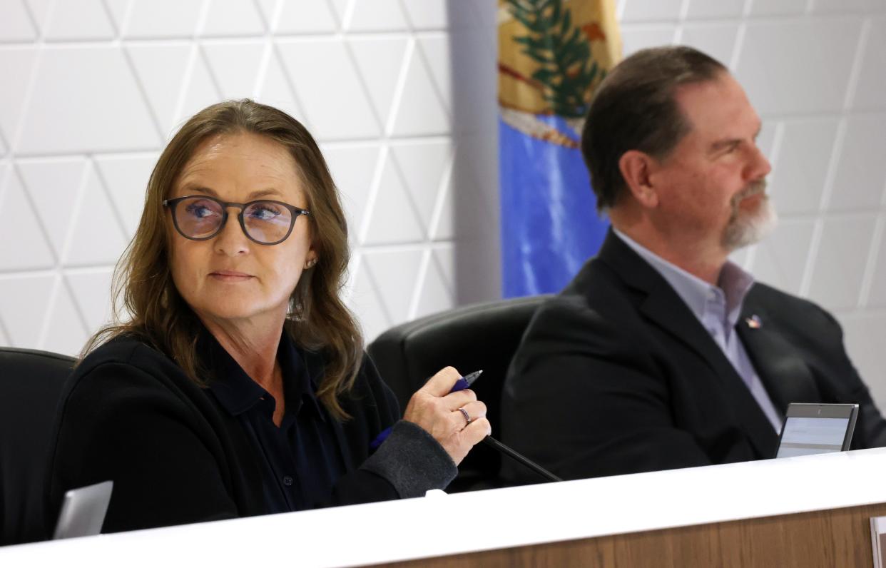 Board Chair Paula Lewis presides as the OKCPS school board following an Executive Session and vote to accept the resignation of Superintendent Sean McDaniel on Feb 29, 2024; Oklahoma City, OK, 73106; Mandatory Credit: Steve Sisney-The Oklahoman