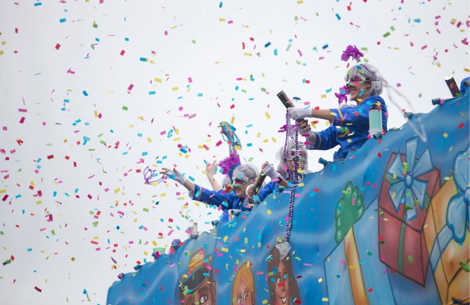 The Krewe of Iris parade makes its way along the Uptown route in New Orleans on Saturday, March 2, 2019. Iris was founded in 1917, and is the oldest all-female krewe in New Orleans.