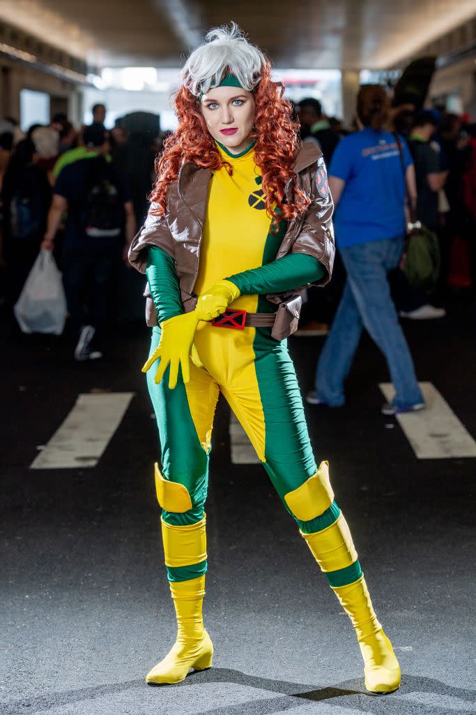 <p>Resident rebel heroine serves a throwback in two-tone red hair and jumpsuit as part of the mutant crew.</p><p><a class="link " href="https://www.amazon.com/X-Men-Womens-Premium-Costume-Yellow/dp/B07XL4M22H/ref=asc_df_B07XL4M22H/?tag=syn-yahoo-20&ascsubtag=%5Bartid%7C10055.g.34302275%5Bsrc%7Cyahoo-us" rel="nofollow noopener" target="_blank" data-ylk="slk:BUY CLASSIC ROGUE LOOK">BUY CLASSIC ROGUE LOOK</a></p><p><a class="link " href="https://www.amazon.com/Maybelline-Longwear-No-Budge-Lipcolor-Pigmented/dp/B09QH91YN2/ref=sr_1_1_sspa?tag=syn-yahoo-20&ascsubtag=%5Bartid%7C10055.g.34302275%5Bsrc%7Cyahoo-us" rel="nofollow noopener" target="_blank" data-ylk="slk:BUY RED LIPSTICK">BUY RED LIPSTICK</a></p><p><a class="link " href="https://www.amazon.com/KISS-Magnetic-Eyeliner-Lash-Kit/dp/B082MQPGV2?tag=syn-yahoo-20&ascsubtag=%5Bartid%7C10055.g.34302275%5Bsrc%7Cyahoo-us" rel="nofollow noopener" target="_blank" data-ylk="slk:BUY EYELASH KIT">BUY EYELASH KIT</a></p><p><a class="link " href="https://www.amazon.com/Women-Silver-Cosplay-Costume-C288/dp/B017H1E45G/ref=sr_1_3?tag=syn-yahoo-20&ascsubtag=%5Bartid%7C10055.g.34302275%5Bsrc%7Cyahoo-us" rel="nofollow noopener" target="_blank" data-ylk="slk:BUY RED TWO-TONE WIG">BUY RED TWO-TONE WIG</a></p>