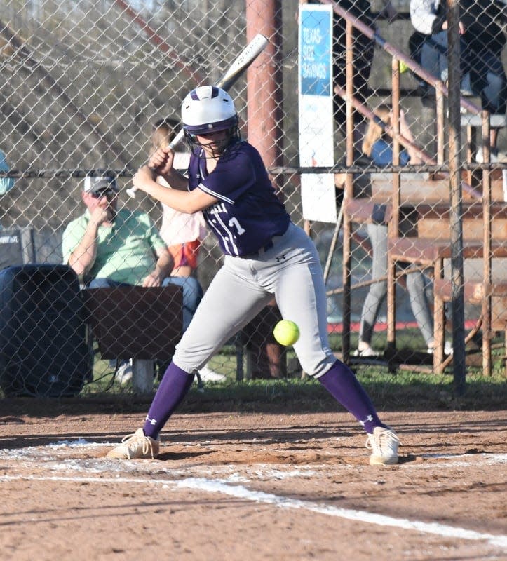 Mason High School's Tara Bolley eyes the pitch during an at-bat in a softball game at San Saba during the 2021 season.