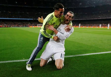 Football Soccer - FC Barcelona v Real Madrid - La Liga - Camp Nou, Barcelona - 2/4/16 Real Madrid's Gareth Bale celebrates scoring a goal that was later disallowed Reuters / Juan Medina Livepic