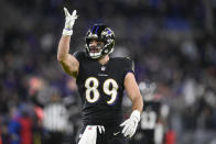 Baltimore Ravens tight end Mark Andrews gestures after making a catch against the Cleveland Browns during the first half of an NFL football game, Sunday, Nov. 28, 2021, in Baltimore. (AP Photo/Nick Wass)