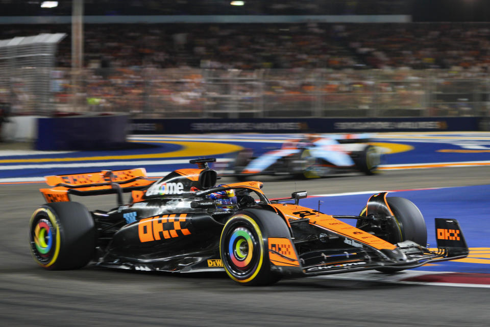 McLaren driver Oscar Piastri of Australia steers his car during the Singapore Formula One Grand Prix at the Marina Bay circuit, Singapore,Sunday, Sept. 17, 2023. (AP Photo/Vincent Thian)