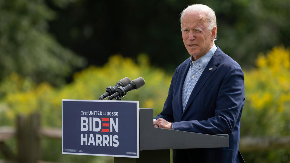 Democratic presidential candidate Joe Biden speaks outside the Delaware Museum of Natural History in Wilmington, Delaware, on September 14, 2020. (Jim Watson/AFP via Getty Images)