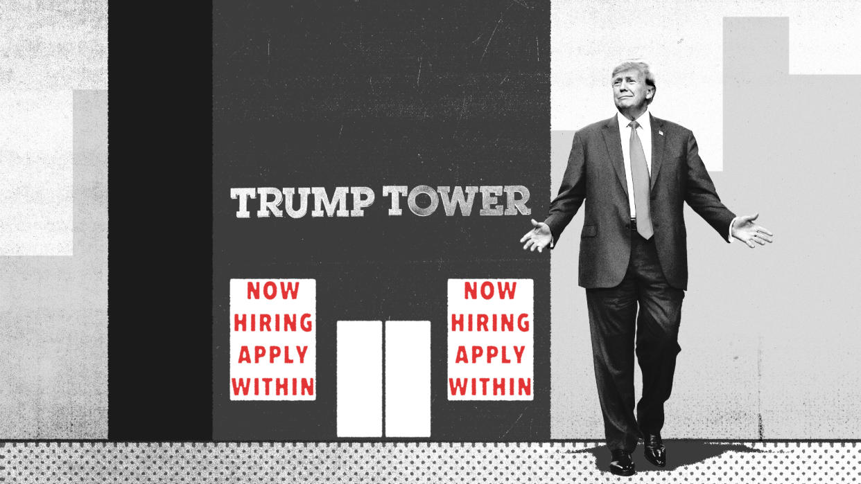  Photo montage of Trump in front of Trump Tower with a Now Hiring sign. 
