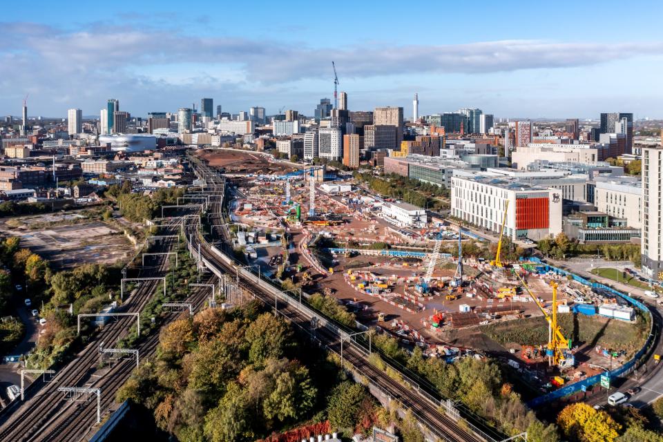 BIRMINGHAM, UK - OCTOBER 17, 2022.  An aerial view of the construction site of the HS2 rail project in Birmingham city centre