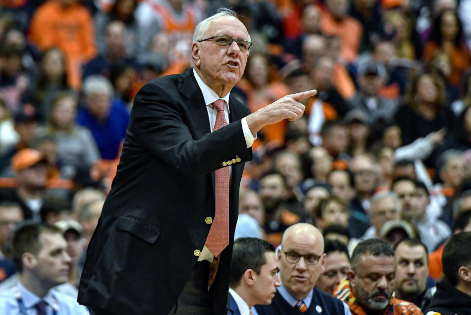 Syracuse head coach Jim Boeheim shouts instructions to his players during the first half of an NCAA college basketball game against North Carolina in Syracuse, N.Y., Saturday, Feb. 29, 2020. North Carolina defeated Syracuse 92-79. (AP Photo/Adrian Kraus)