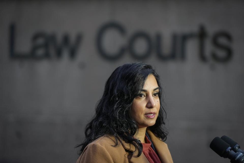 B.C. Attorney General Niki Sharma responds to questions outside B.C. Supreme Court in Vancouver on Monday November 27, 2023. British Columbia has introduced legislation the attorney general says is designed to hold ministries accountable for addressing systemic racism in government policy and programs. 