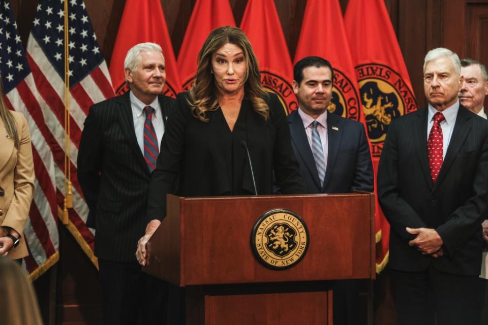 Caitlyn Jenner speaks at a press conference with Nassau County Executive Bruce Blakeman about a legislation that would restrict trans athletes from competing based on their chosen gender on March 18, 2024. Stephen Yang