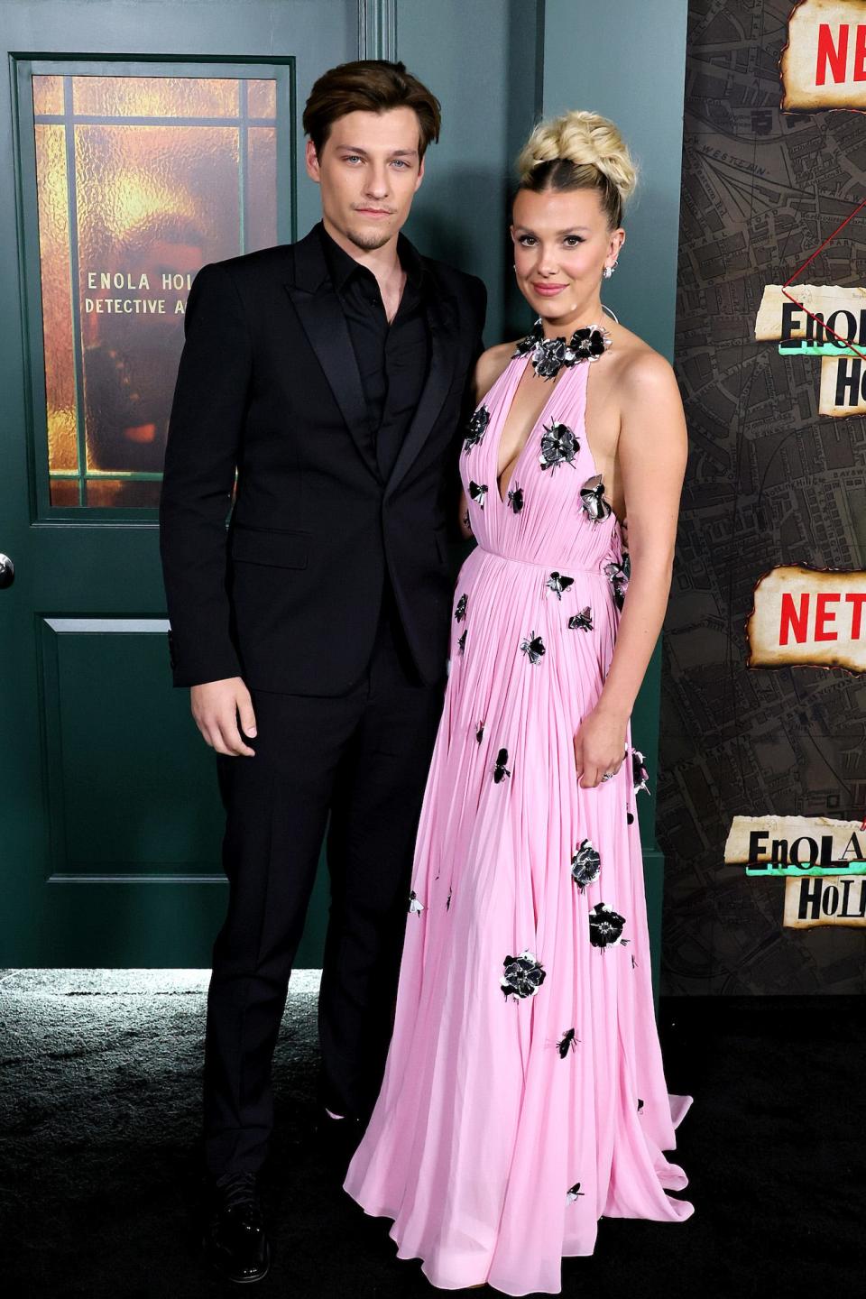Jake Bongiovi and Millie Bobby Brown at the "Enola Holmes 2" premiere on October 27, 2022.