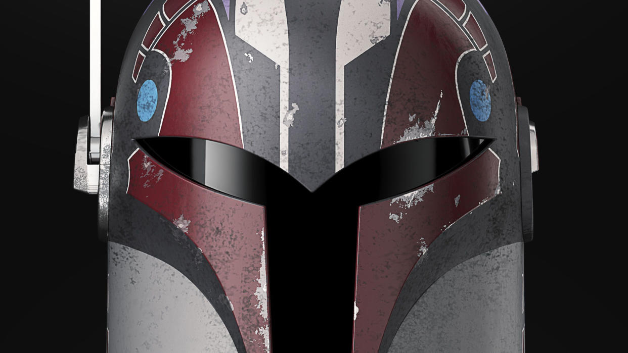  A close-up view of the Black Series Sabine Wren replica helmet from Ahsoka 