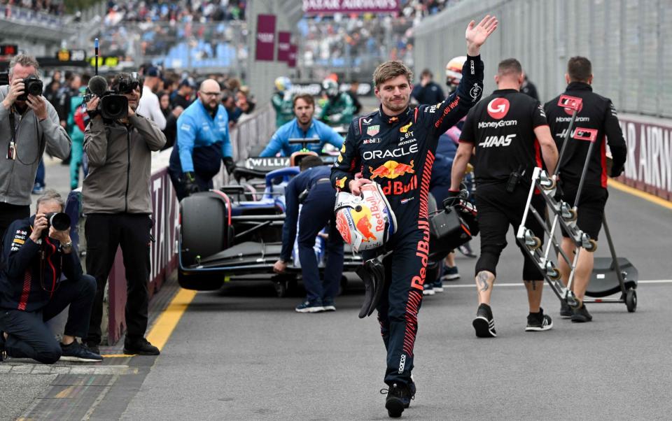 Red Bull Racing's Dutch driver Max Verstappen reacts after taking pole position following the the qualifying session of the 2023 Formula One Australian Grand Prix at the Albert Park Circuit in Melbourne on April 1, 2023 - Getty Images/William West