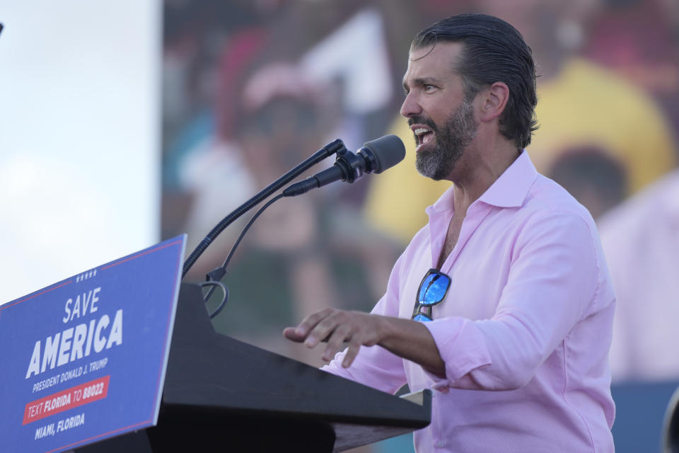 FILE - Donald Trump Jr. speaks before his father, former President Donald Trump at a campaign rally in support of the campaign of Sen. Marco Rubio, R-Fla., at the Miami-Dade County Fair and Exposition on Nov. 6, 2022, in Miami. (AP Photo/Rebecca Blackwell, File)