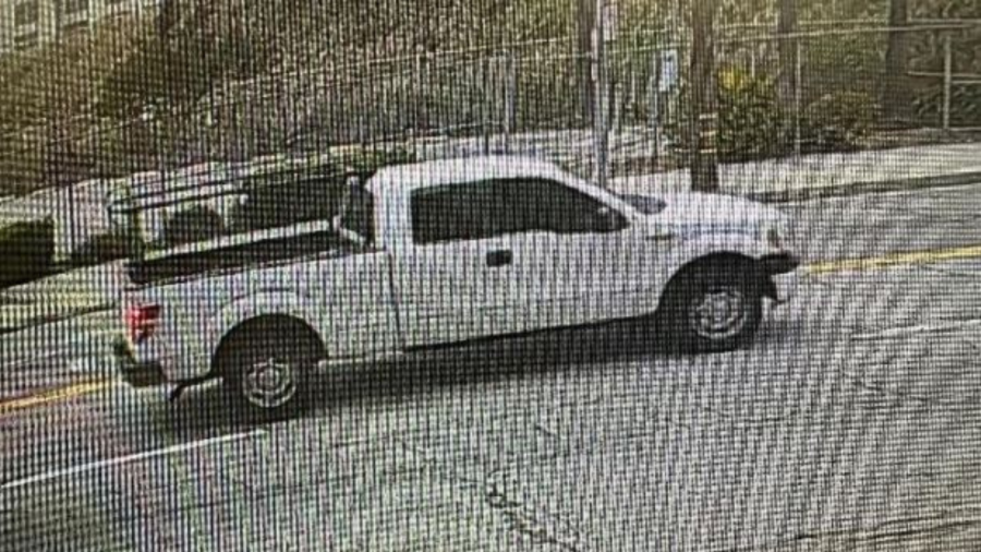 The suspect, seen driving a white Ford pickup truck, is wanted for a deadly hit-and-run crash in Lincoln Heights on May 18, 2024. (Los Angeles Police Department)