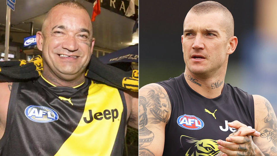 Dustin Martin is pictured right alongside a photo of father Shane, who died in December, 2021.