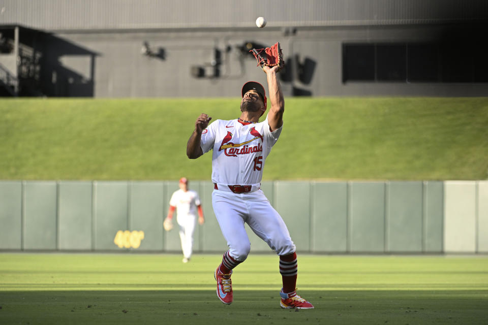 St. Louis Cardinals second baseman Jose Fermin catches a popup hit by Cincinnati Reds' Noelvi Marte during the first inning of a baseball game Thursday, June 27, 2024, in St. Louis. (AP Photo/Joe Puetz)