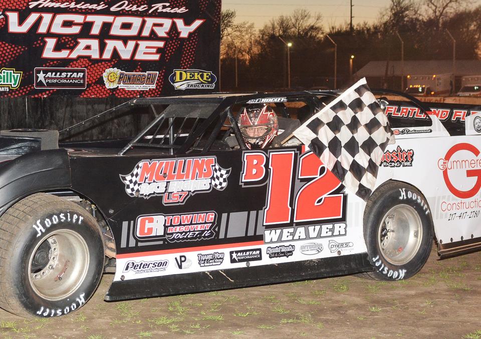 Kevin Weaver, Gibson City's national Dirt Late Model hall of famer, looked strong in last week's racing at the Fairbury Speedway in his new Rocket chassis. Weaver, pictured after winning his heat race, will look to pocket some of the big bucks up for the taking.