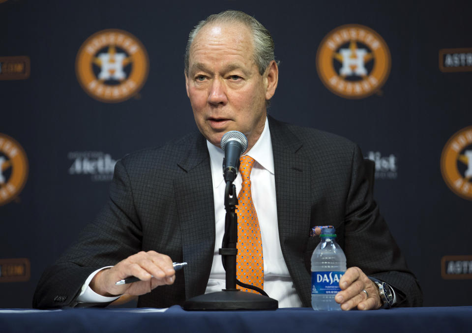 Houston Astros owner Jim Crane speaks at a news conference in Houston, Monday, Jan. 13, 2020. Crane opened the news conference by saying manager AJ Hinch and general manager Jeff Luhnow were fired for the team's sign-stealing during its run to the 2017 World Series title. (Yi-Chin Lee/Houston Chronicle via AP)