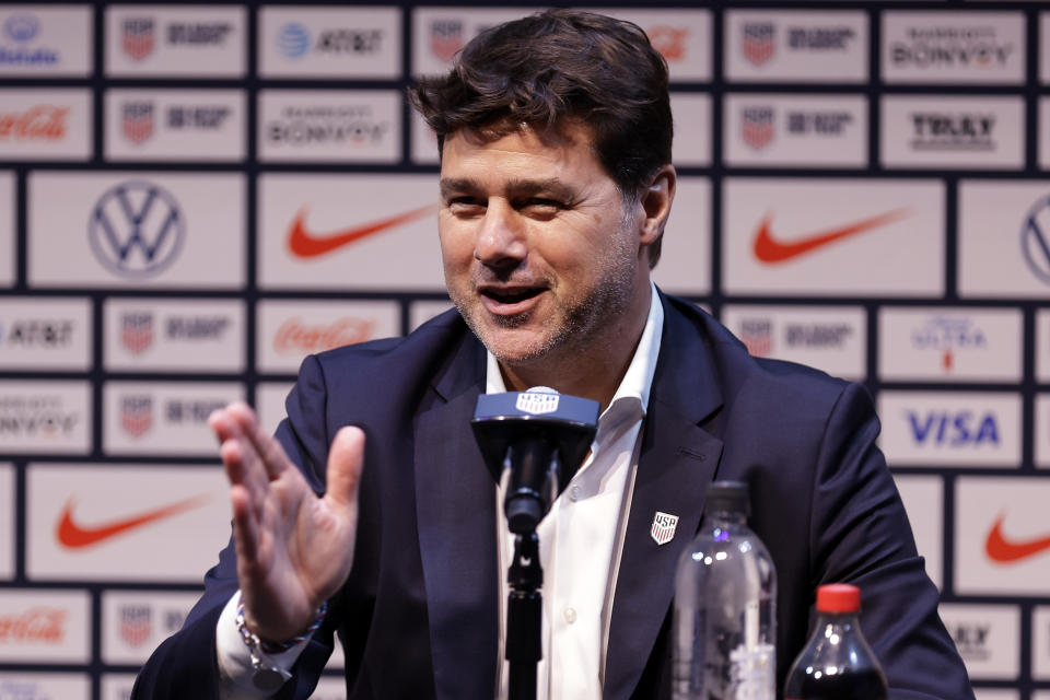 Mauricio Pochettino, the newly appointed head coach of the United States men's national soccer team, speaks at a press conference Friday, Sept. 13, 2024, in New York. (AP Photo/Adam Hunger)