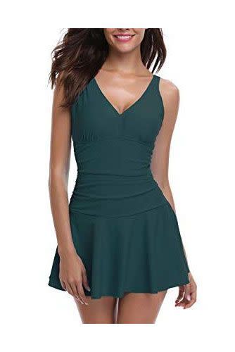 16) One-Piece Ruched Retro Swim Dress