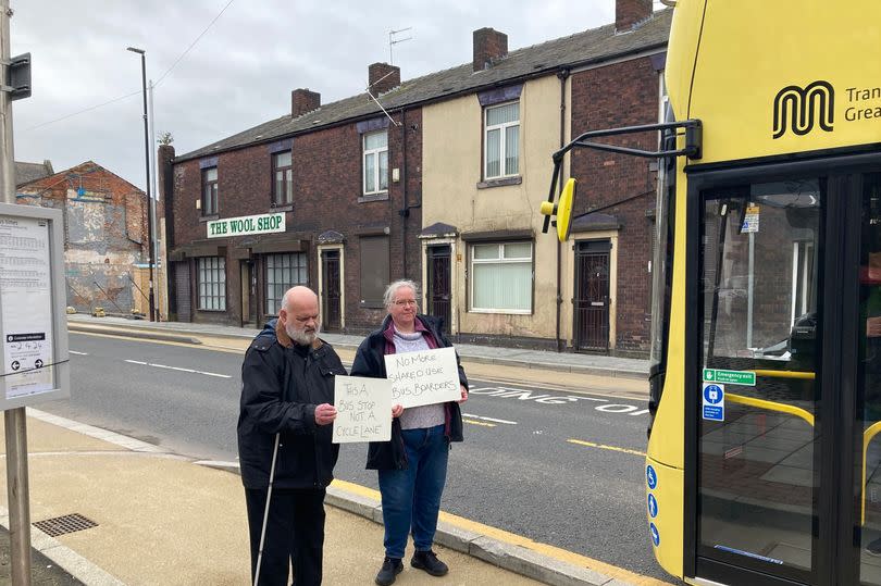 Sarah Gayton and Kevin Greenan campaigning against the new Castleton cycle lanes blocking the bus stops
