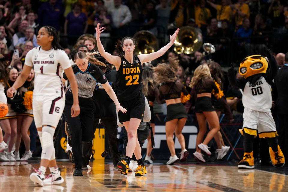 Iowa guard Caitlin Clark celebrates the Hawkeyes' win over No. 1 South Carolina.