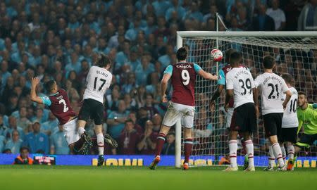 Britain Soccer Football - West Ham United v Manchester United - Barclays Premier League - Upton Park - 10/5/16 Winston Reid scores the third goal for West Ham Reuters / Eddie Keogh