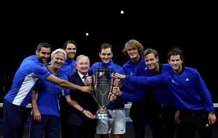 Tennis - Laver Cup - 3rd Day - Prague, Czech Republic - September 24, 2017 - Members of team Europa celebrate after winning the tournament. REUTERS/David W Cerny