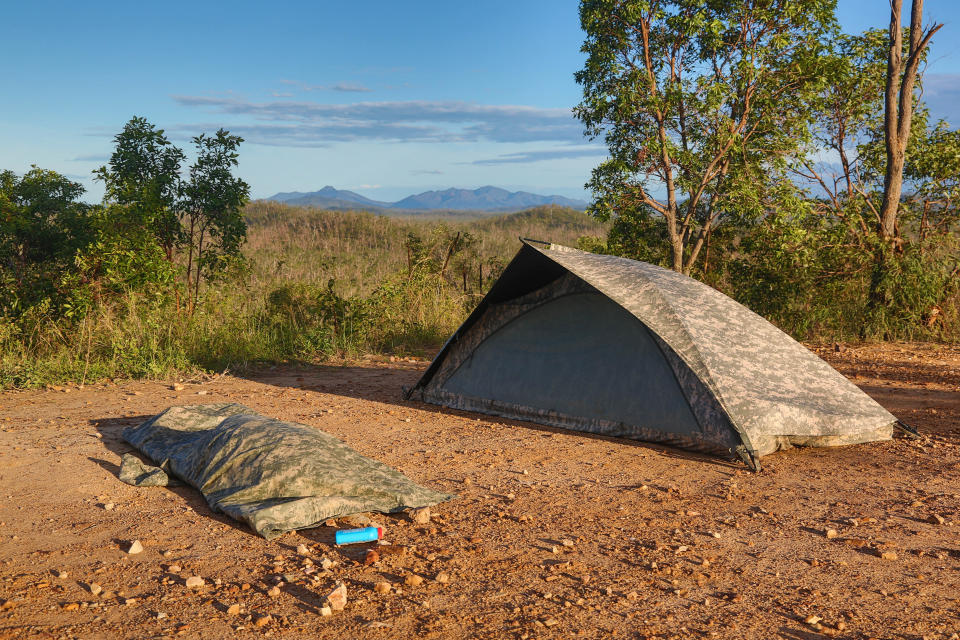 A U.S. Soldier sleeps next in a waterproof sleeping bag next to a tent during Talisman Sabre, Pacific Pathways 2015 at Shoalwater Bay Training Area near Rockhampton, Australia, July 11, 2015.&nbsp;