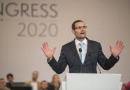 Robert Abela, who will be sworn in as Prime Minister of Malta Monday, addresses a large crowds of supporters inside a volleyball court in Kordin, Malta, Sunday, Jan. 12, 2020. A first-term lawmaker whose father was Malta's president, Abela has been chosen to be the country's prime minister, replacing Joseph Muscat after weeks of protests demanding accountability in the investigation of the car bomb slaying of an anti-corruption journalist who targeted his government. (AP Photo/Rene' Rossignaud)