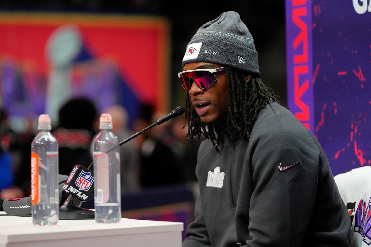 Feb 5, 2024; Las Vegas, NV, USA; Kansas City Chiefs wide receiver Rashee Rice (4) talks to the media during Super Bowl LVIII Opening Night at Allegiant Stadium. Mandatory Credit: Lucas Peltier-USA TODAY Sports