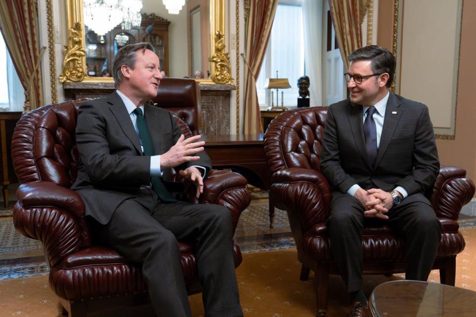 British foreign secretary David Cameron is in Washington this week where he said he will urge Mike Johnson to push through a $60bn military package for Kyiv (AP)