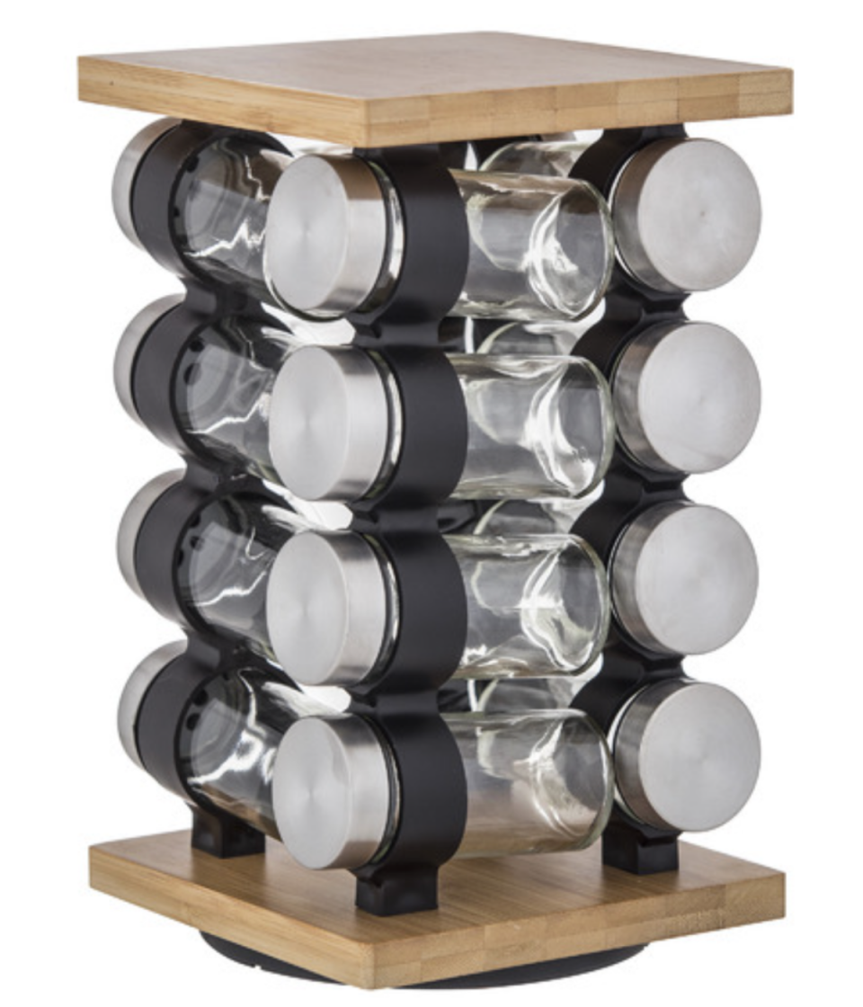17 Piece Romano Spice Jar & Rack Set from Temple & Webster. The circular rack has a wooden base and top and the jars are kept in vertical metal racks, in four rows of four.