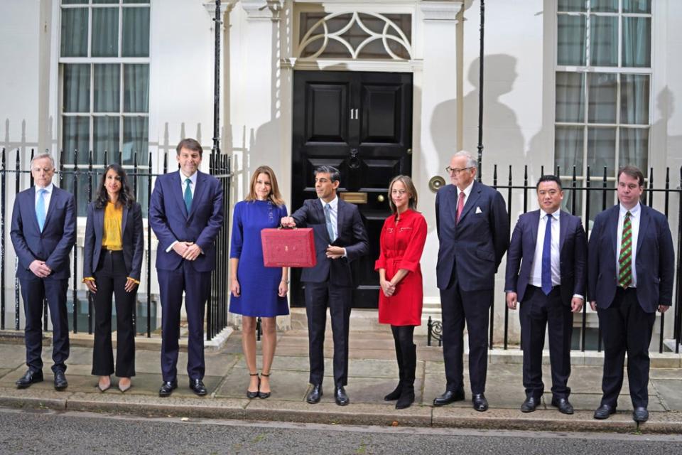 Chancellor Rishi Sunak with his ministerial team and parliamentary private secretaries leaving 11 Downing Street before delivering his Budget to the House of Commons (Jacob King/PA) (PA Wire)