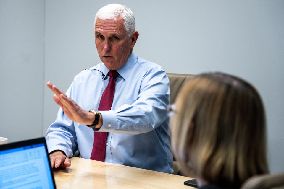 Former Vice President Mike Pence meets with the Des Moines Register editorial board at the Register office on Wednesday, May 24, 2023, in Des Moines, Iowa. Pence spoke at an even in Grand Rapids, Mich. on Wednesday, May 31, 2023, ahead of an expected run for president.