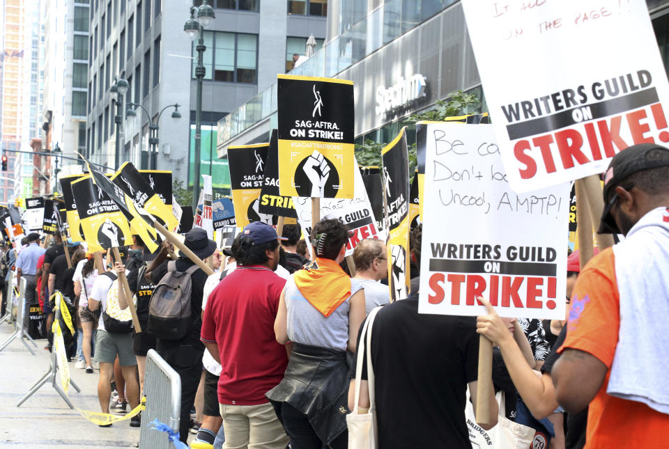 NEW YORK, NY - AUGUST 22: Members of SAG-AFTRA, IATSE and the WGA strike in front of HBO Offices in New York City on August 22, 2023. Credit: RW/MediaPunch /IPX
