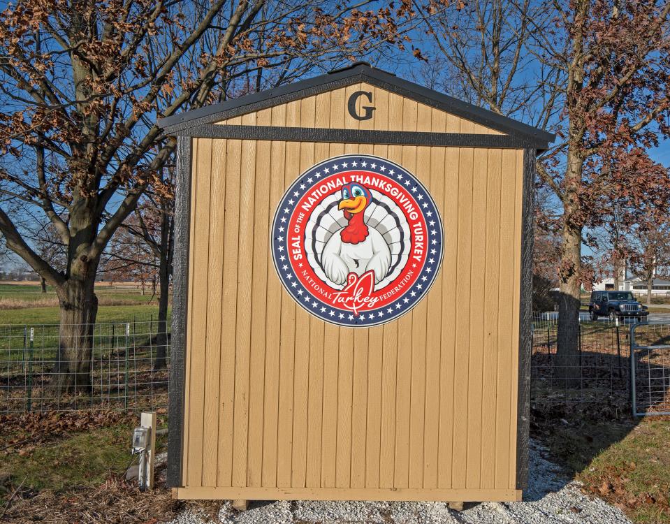 A shed is part of the home for pardoned turkeys Peanut Butter and Jelly, seen at their own private yard Thursday, Nov. 10, 2022 in West Lafayette at the Purdue University ASREC (Animal Research and Education Center). The turkeys were pardoned by President Joe Biden in 2021 and now live out their days in their home state of Indiana.